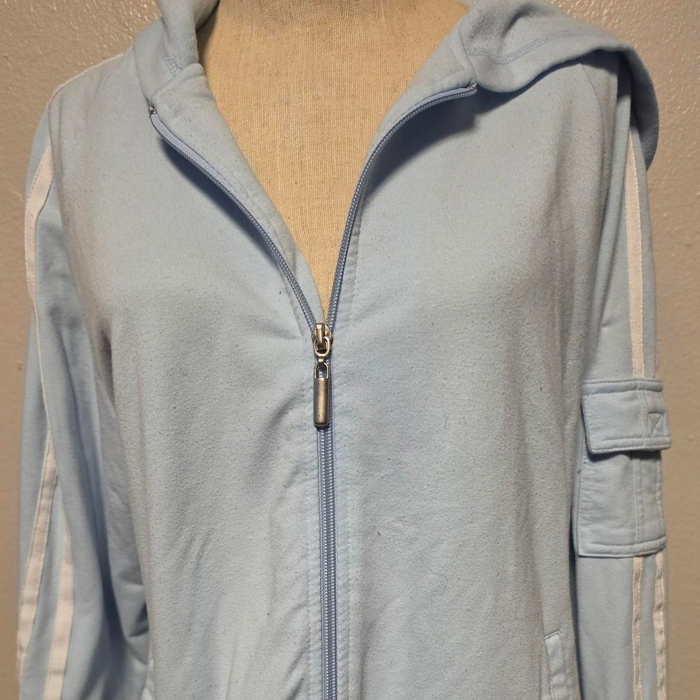 Everlast Womens Light Blue Zip Up Hoodie White Sleeve Stripes Sporty Athletic